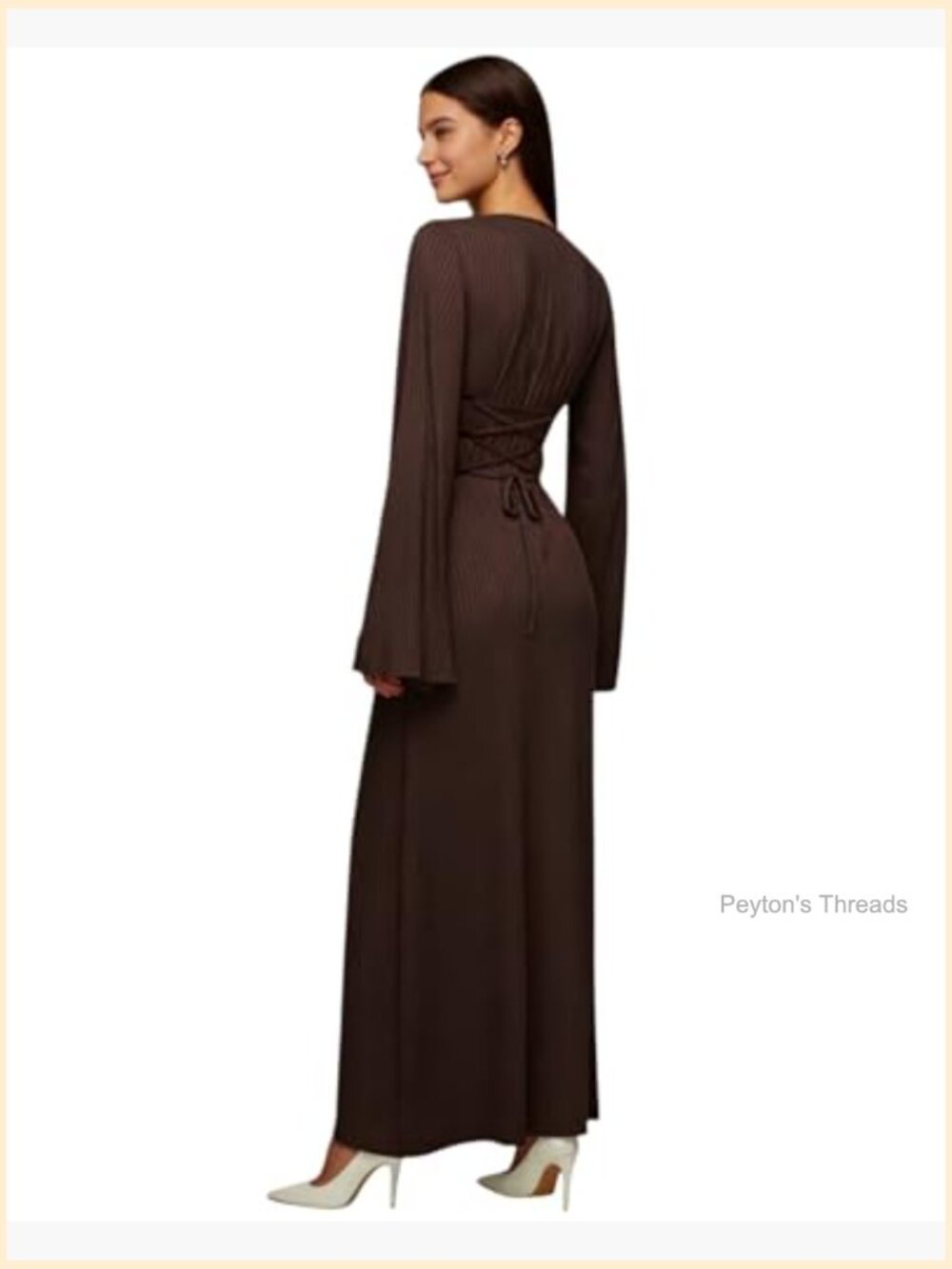 Scoop Neck Lace Up Ribbed Maxi Dress Knit Flare Sleeve Bodycon Long Dress - Picture 3 of 7